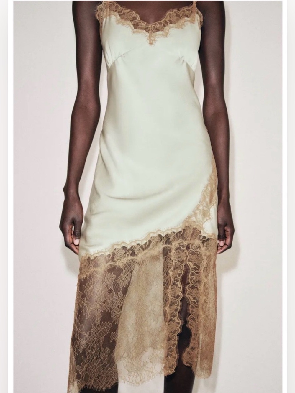 NWT Zara Pale Sea Green Slip Dress with Tan Lace Trim Size Large 2678/048 - Picture 2 of 10